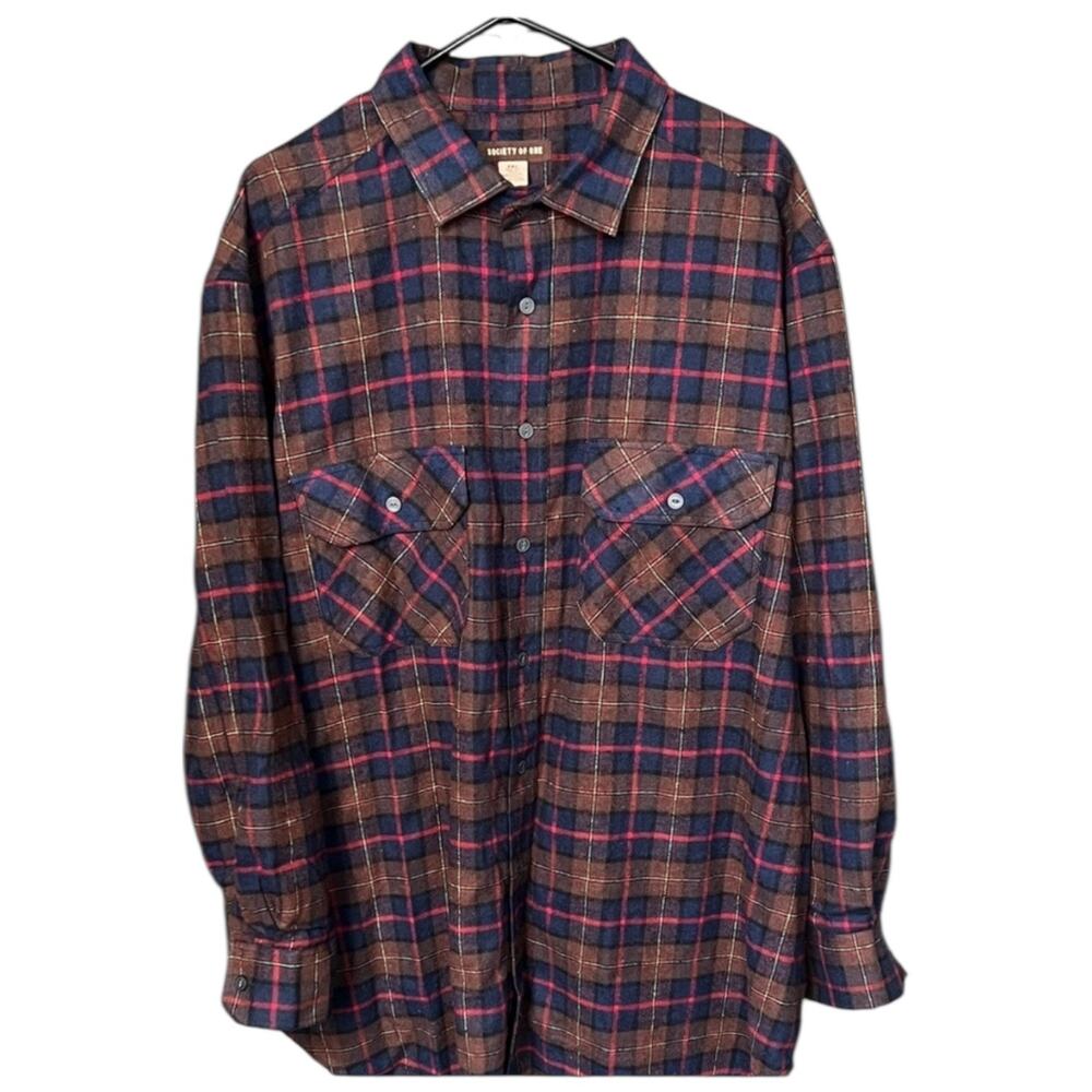 Society of One Men’s Plaid Flannel Shirt Brown Navy Button Down - 2XL